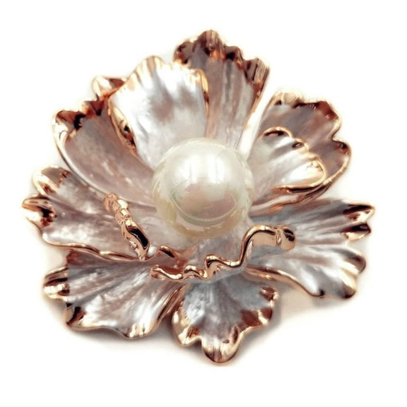 Jewelblings Designer Antique Pink Shell Flower Brooch Gold Tone Framed Imitated White Pearl Domed Blossom Floral Pin Wedding Party Jewelry