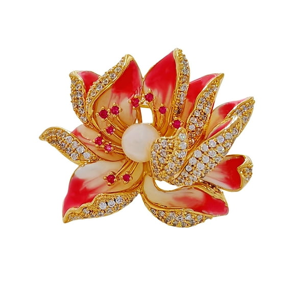 Jewelblings Dream Fancy Style Enameled Petal Micro Pave CZ Pink Lotus Flower Brooches Gold Tone Centered Mother of Pearl Blossom Lotus Pins