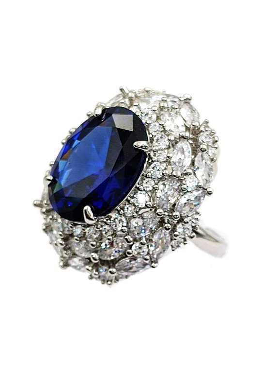 Gorgeous Blue Oval Cubic Zirconia Cocktail Rings with Double Sunburst Halo Adjustable Jewelry for Graduation Concert Anniversary