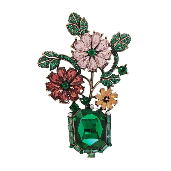 Jewelblings Gorgeous Vintage Green Rhinestone Colored Flowers Bonsai Flower Brooch Gold Tone Green Leaf Deep Red Orange Pink Floral Vase Pin