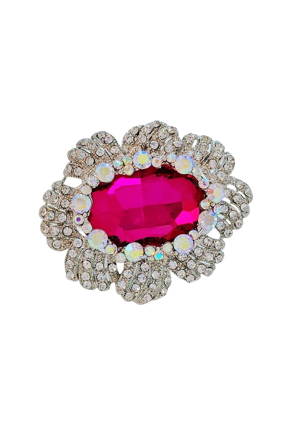 Nature Inspiration AB Crystal Accent Oval Shaped Flower Hot Pink Green Red Stone Women Brooches and Pins Vintage Costume Jewelry