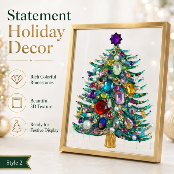Jeweled 3D Christmas Tree Framed Art,Handcrafted 3D Jeweled Christmas Tree Picture Frame Art with Purple Gem Rhinestone for Fireplace Mantel and Shelf