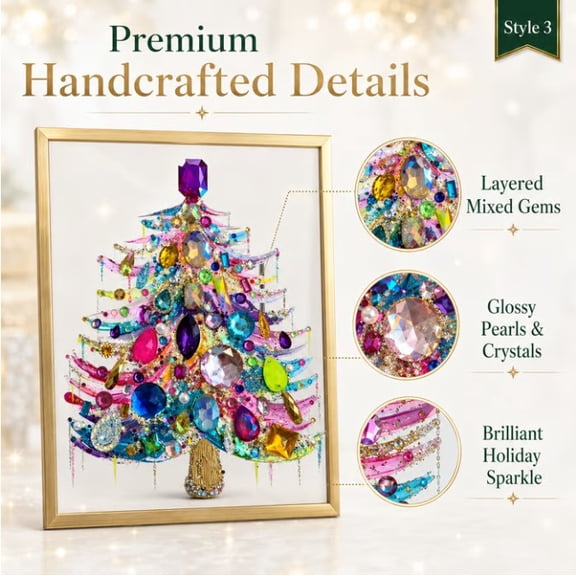 Jeweled 3D Christmas Tree Framed Art,Red Star Rhinestone Jeweled 3D Christmas Tree Framed Art Handcrafted Sparkling Gem Details for Festive Display