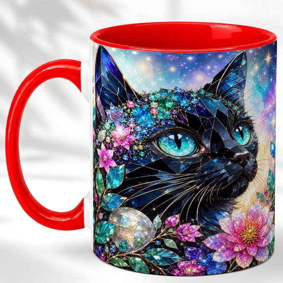 Jeweled Black Cat Coffee Mug, Celestial Cat Mug, Ceramic 11 oz