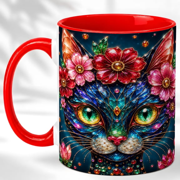 Jeweled Cat Coffee Mug, Floral Cat Mug, Ceramic 11 oz