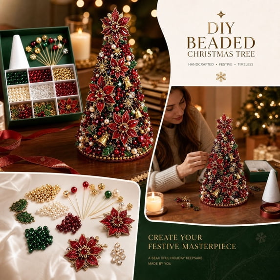 Jeweled Christmas Tree DIY Christmas Craft Christmas Decorations Beaded Christmas Tree 7.48IN All In One Handmade Christmas Table Decor Kit