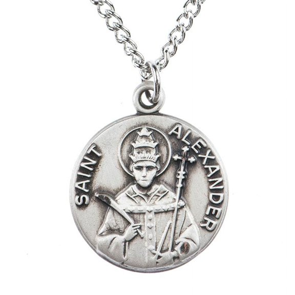 Jeweled Cross Round Pewter Catholic Saint Alexander Medal on 28 Inch Cord Necklace