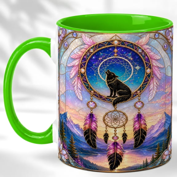 Jeweled Dreamcatcher Coffee Mug, Boho Feather Mug, Ceramic 11 oz