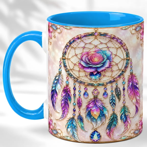 Jeweled Dreamcatcher Coffee Mug, Boho Feather Mug, Ceramic 11 oz