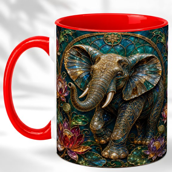 Jeweled Elephant Coffee Mug, Lotus Garden Mug, Ceramic 11 oz