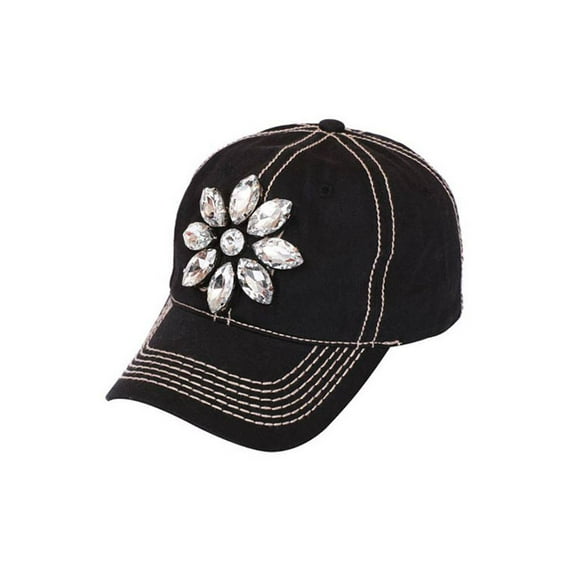 Jeweled Flower Baseball Cap - Black/White