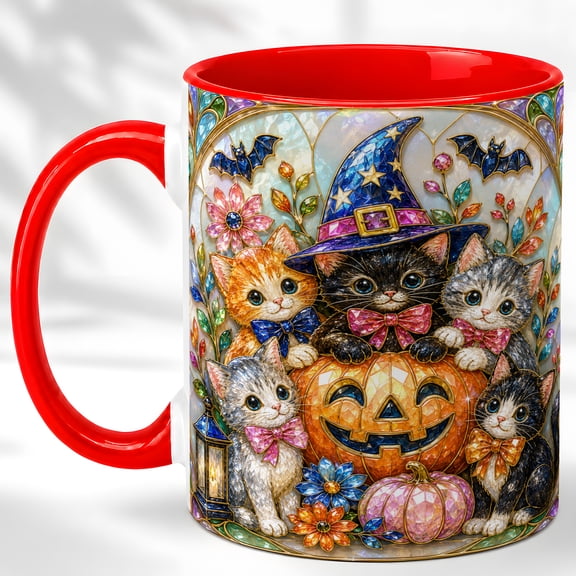 Jeweled Halloween Cats Coffee Mug, Witch Pumpkin Mug, Ceramic 11 oz