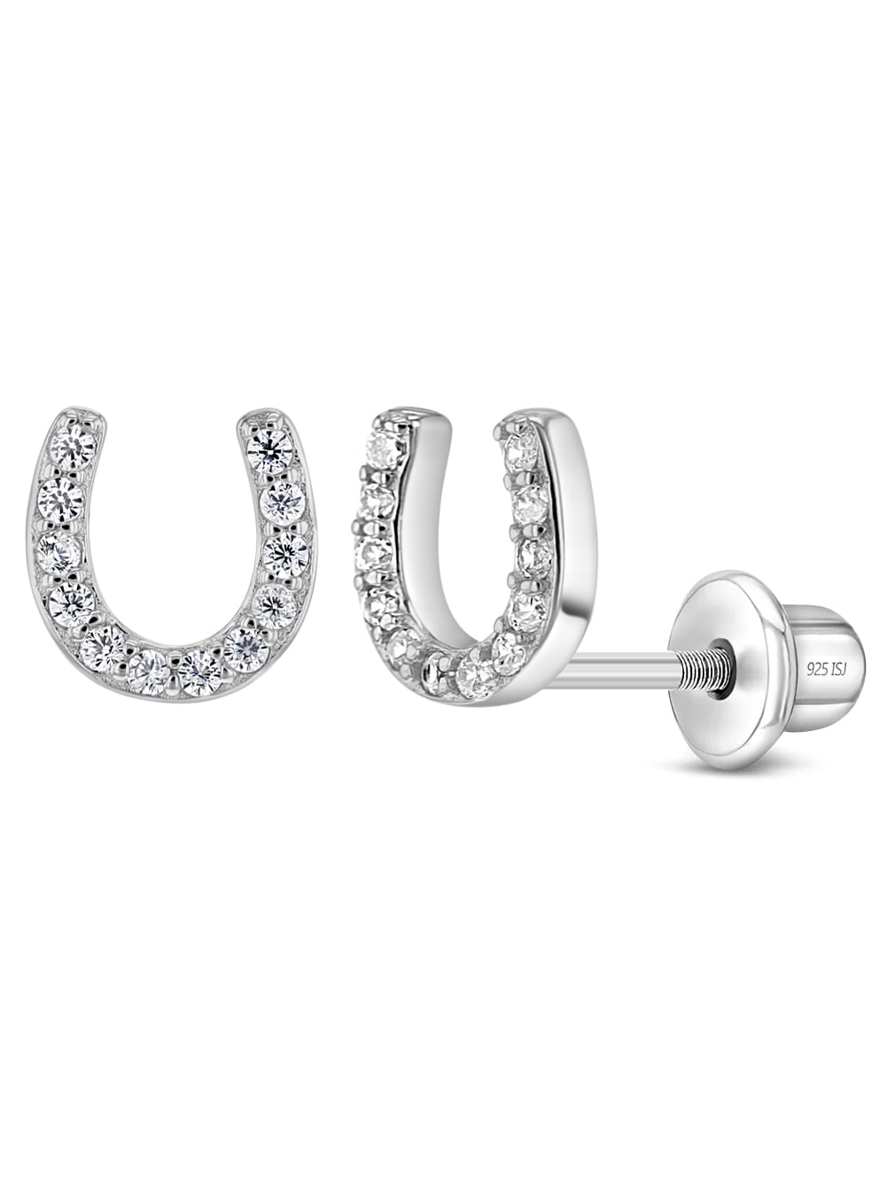 Jeweled Horseshoe Baby / Toddler / Kids Earrings Screw Back - Sterling Silver