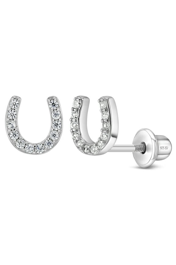 Jeweled Horseshoe Baby / Toddler / Kids Earrings Screw Back - Sterling Silver