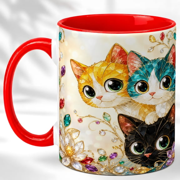 Jeweled Kittens Coffee Mug, Colorful Cat Mug, Ceramic 11 oz