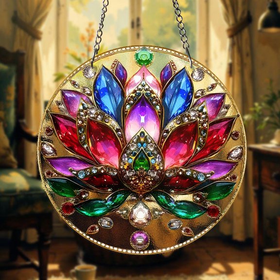 Jeweled Lotus Flower STAINED GLASS Suncatcher Mandala Window Art Yoga Meditation Decor Spiritual Home Gift Colorful Chakra Art Home Decor