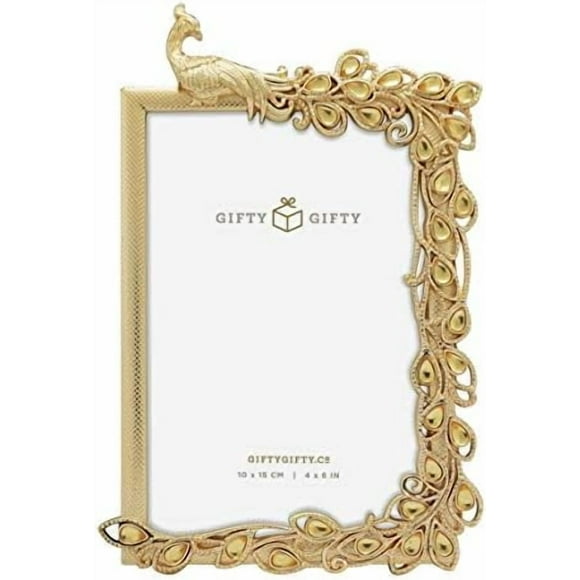 Jeweled peacock photo frame for 4x6 vertical photos, bronze, tabletop display, gift box.