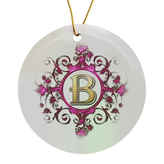Jeweled Pink Ornamental Circle With A Gold B Letter Monogram, Circle Porcelain Ornament