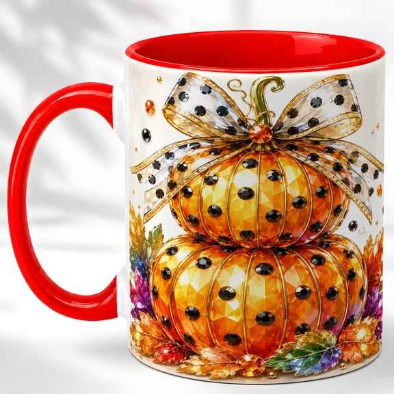 Jeweled Pumpkin Coffee Mug, Bow Pumpkin Mug, Ceramic 11 oz