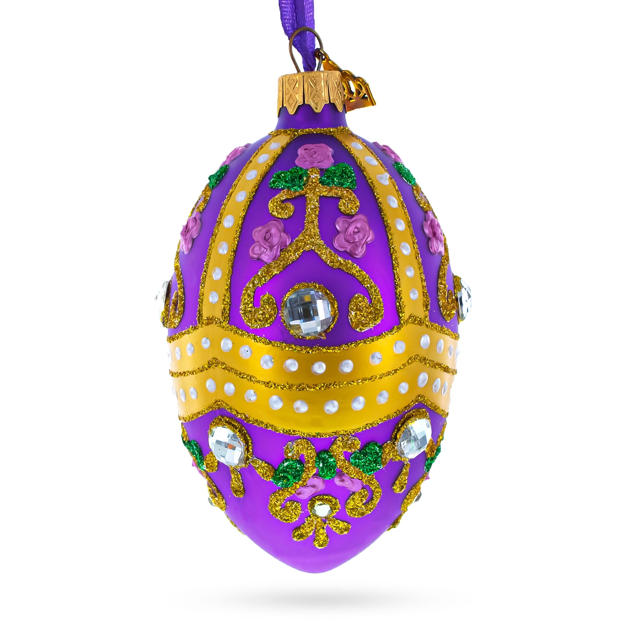 Jeweled Scrolls Purple Glass Egg Christmas Ornament - 4 Inch Hand-Painted German Glass Decoration