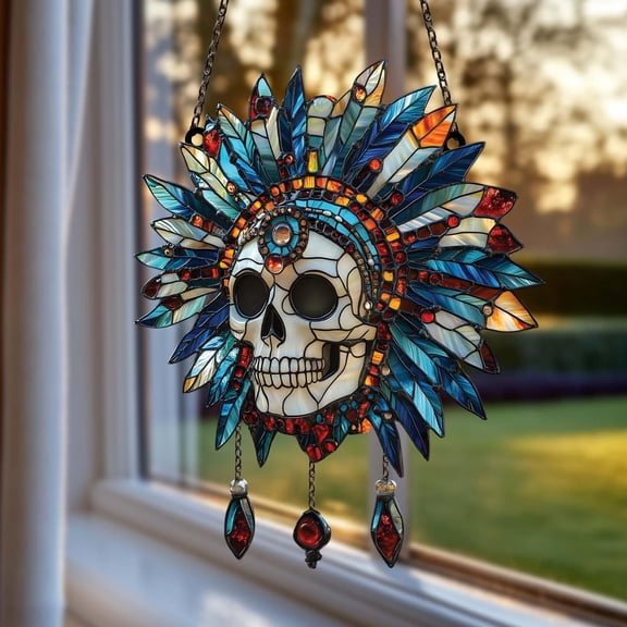 Jeweled Skull Headdress Acrylic Suncatcher Sunburst Crown Faux Stained Glass Window Hanging, Gothic Boho Decor Gift For Halloween