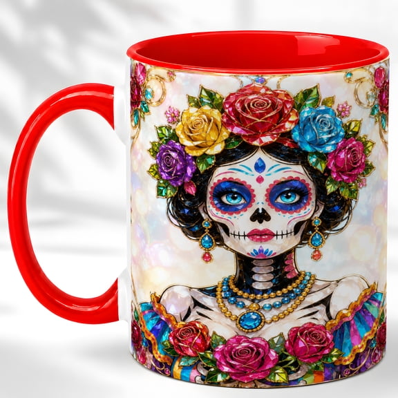 Jeweled Sugar Skull Coffee Mug, Festive Floral Mug, Ceramic 11 oz