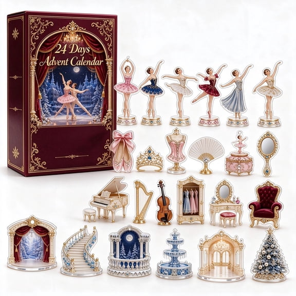 Jeweled Winter Ballet Advent Calendar with Flat Acrylic Dancer Decorations, Illustrated Dance Theme and Christmas Countdown Presentation