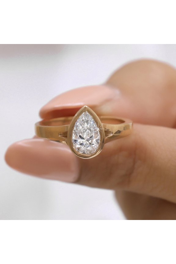 1.50 Carat Pear Moissanite Diamond Engagement Ring - Tear Shape Split Shank Bezel Set Cathedral Ring