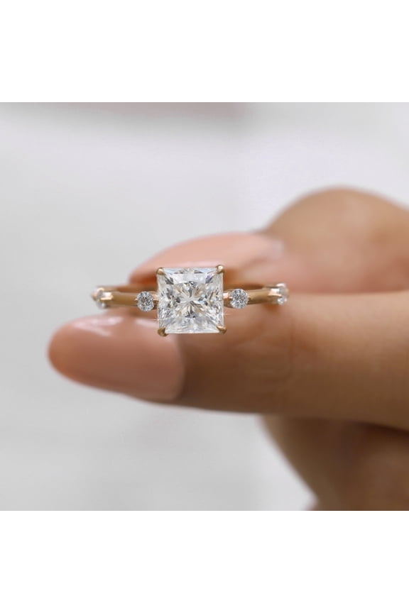 2 CT Princess Cut Moissanite Engagement Ring, Distance Pave Diamond Ring for Women