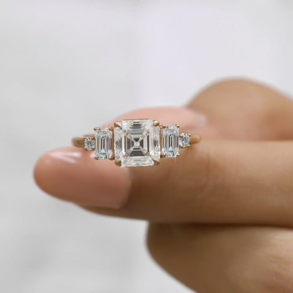 Jewelegant 2 Carat Asscher Cut Moissanite Diamond Ring - 5 Stone Moissanite Engagement Ring - Unique Anniversary Ring