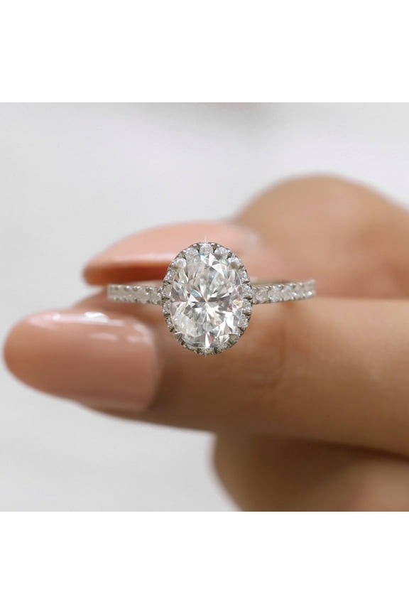 2 Ct Oval Moissanite Engagement Ring, High Set Cathedral Pave Halo Ring for Women