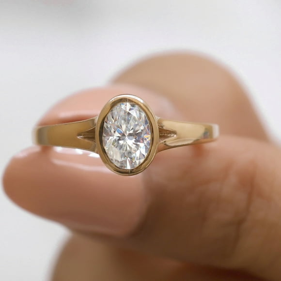 2 Carat Oval Moissanite Solitaire Ring - Split Shank Cathedral Ring - Bezel Set Diamond Engagement Ring