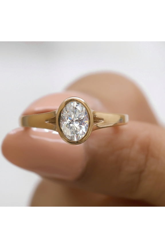 2 Carat Oval Moissanite Solitaire Ring - Split Shank Cathedral Ring - Bezel Set Diamond Engagement Ring