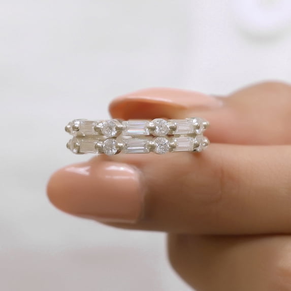 Jewelegant 3 TW Baguette and Round Moissanite Diamond Wedding Band - Set of 2 Full Eternity Band - Matching Band for Engagement Ring, Anniversary Gift