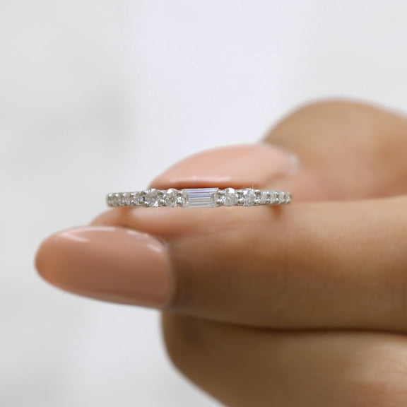 Jewelegant Baguette and Round Moissanite Diamond Band -Half Eternity Diamond Wedding Band - Stackable Party Ring