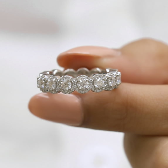 Jewelegant Halo Round Moissanite Diamond Eternity Wedding Band - Bridal Set Wedding Band - Engagement Gift for Her