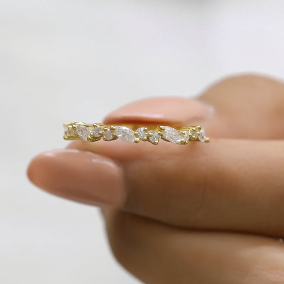 Jewelegant Zig Zag Wedding Band - 0.56 TW Marquise and Round Moissanite Diamond Half Eternity Band - Matching/Stackable Anniversary Gift Ring