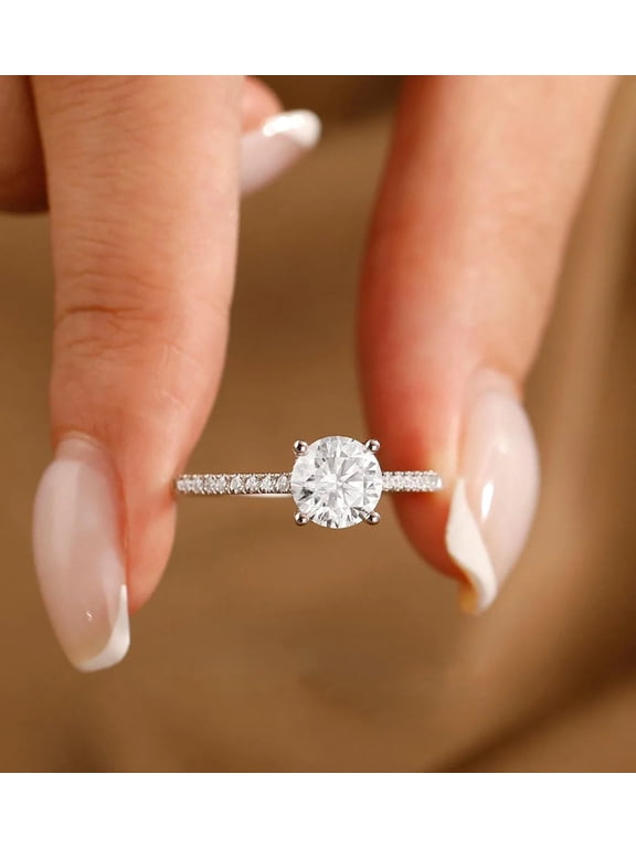 1.5 CT Round Moissanite Engagement Ring for Women – 10K White Gold Plated Solitaire with Accents, Classic 4 Prong Setting – Wedding Proposal Ring