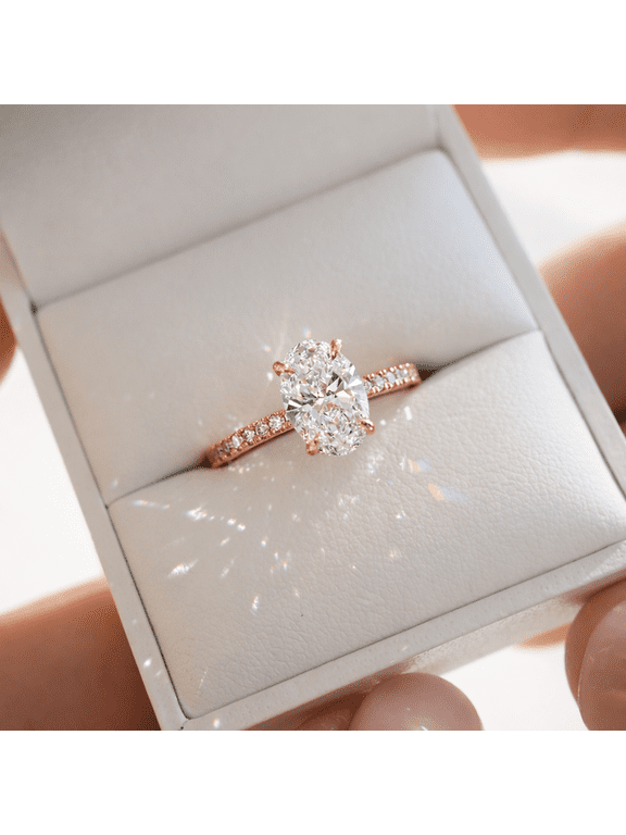 1.5 Carat Oval Cut Moissanite Engagement Ring in 14K Yellow Gold Vermeil, Hidden Halo Pavé Band, Sizes 3-9