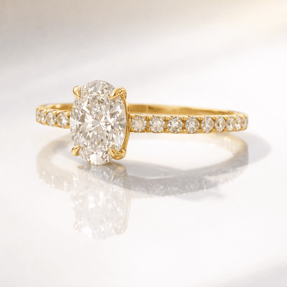 Jewelerix 1.5 Carat Oval Cut Moissanite Engagement Ring in Vermeil Yellow Gold, Pave Band, Anniversary Gift