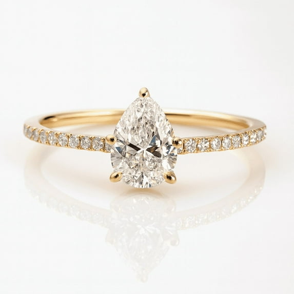 Jewelerix 1 Carat Pear Shaped Moissanite Engagement Ring 14K Yellow Gold Ring Teardrop Solitaire with Diamond Accent Band Women’s Wedding Ring