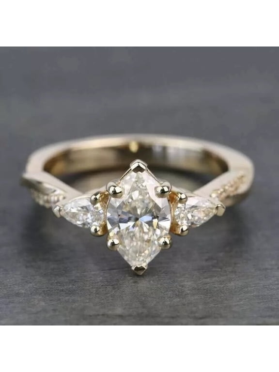 10K/14K/18K Plated Yellow Gold Marquise Cut Ring 3 Stone Trillion Side Stone Moissanite Diamond Ring 1.50 CT Engagement Ring