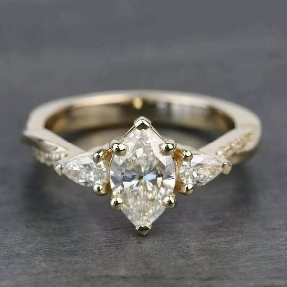 Jewelerix 10K/14K/18K Plated Yellow Gold Marquise Cut Ring 3 Stone Trillion Side Stone Moissanite Diamond Ring 1.50 CT Engagement Ring