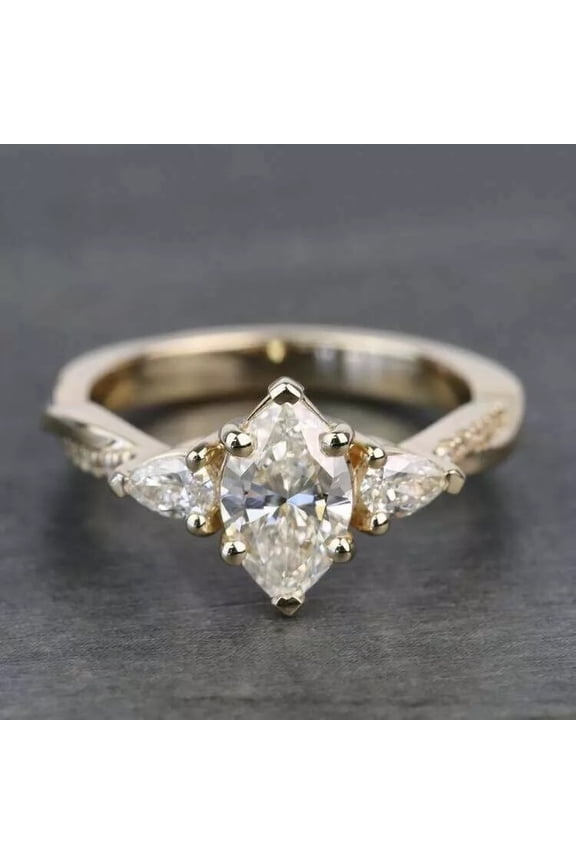 10K/14K/18K Plated Yellow Gold Marquise Cut Ring 3 Stone Trillion Side Stone Moissanite Diamond Ring 1.50 CT Engagement Ring