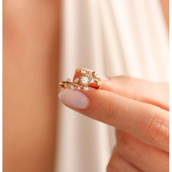 Jewelerix 10K Gold Vermeil Diamond Ring Moissanite Brilliant Center Stone and Sparkling Accents, Engagement or Wedding Gift for Her