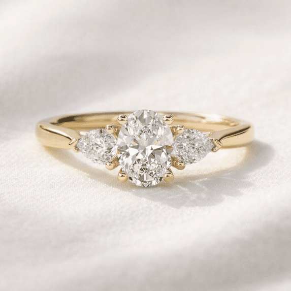 Jewelerix 10K Vermeil Gold Three-Stone Oval-Cut Ring with Moissanite Side Stones – Perfect Engagement, Anniversary or Birthday Gift for Love