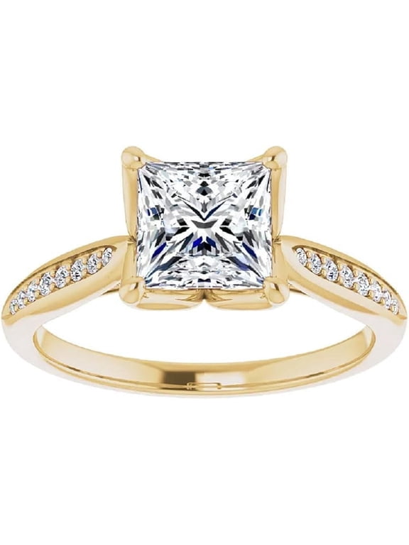 10K Yellow Gold Vermeil Engagement Ring 1.5 CT Princess Cut Moissanite Diamond Ring Wedding Promise Rings for Her