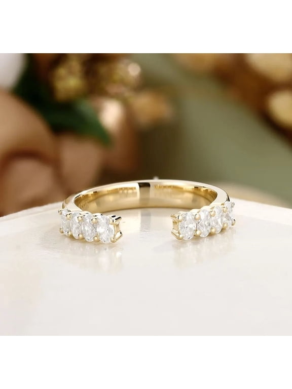 14K Gold Vermeil Open Ring for Women, Engagement Cuff Band with Oval Stones, Dainty Stackable Ring Wedding Proposal Jewelry