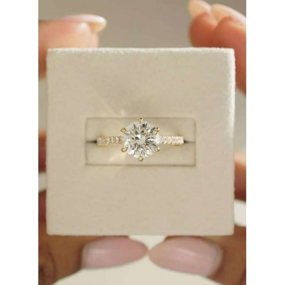 Jewelerix 14K Vermeil Gold Round Solitaire Engagement Ring with Pavé Band, 1.5 Carat Moissanite Diamond, Classic 6-Prong Setting Wedding Ring