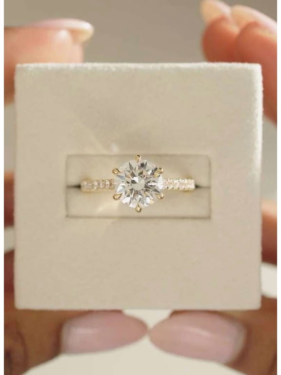 14K Vermeil Gold Round Solitaire Engagement Ring with Pavé Band, 1.5 Carat Moissanite Diamond, Classic 6-Prong Setting Wedding Ring